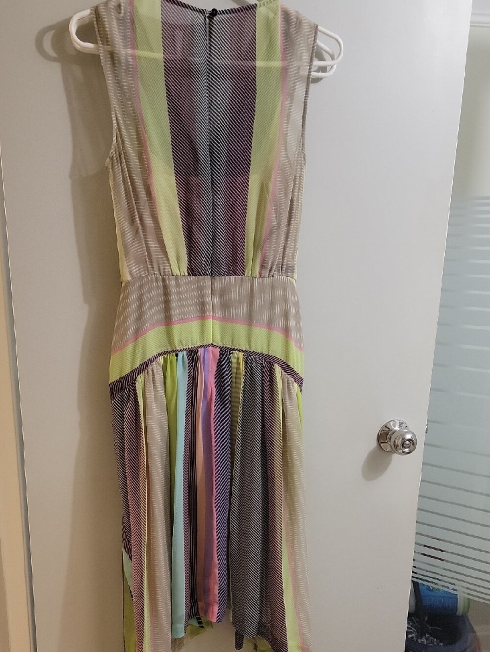 Calvin Klein Striped V-Neck Midi Dress in Lime, Mint & Neutral - Picture 3 of 4